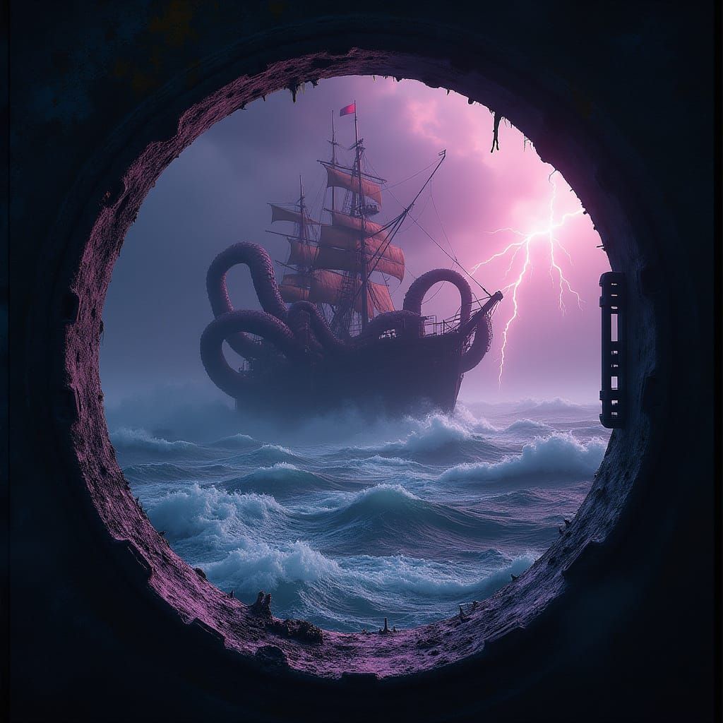 Dark Fantasy Kraken Rises from Turbulent Stormy Seas