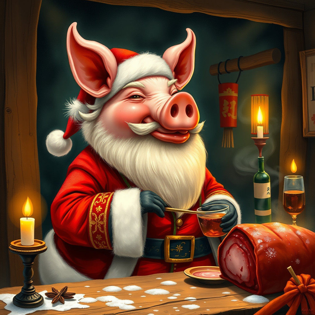 Roasted Santa Pig Sipping Sake, Whimsical Art