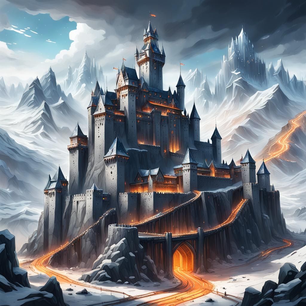 Twisted Dark Castle Amidst Snowy Peaks