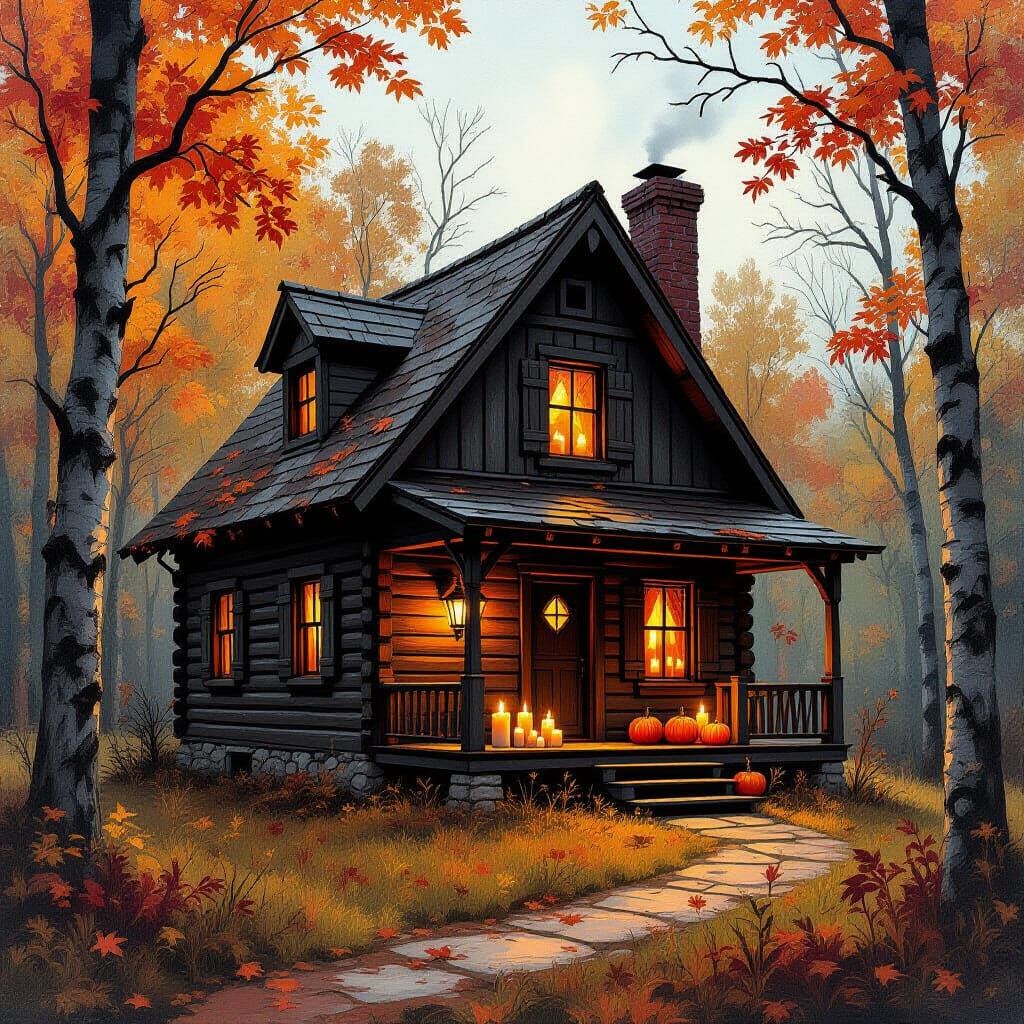 Autumn Cabin Supervillain Hideout in Fall Foliage