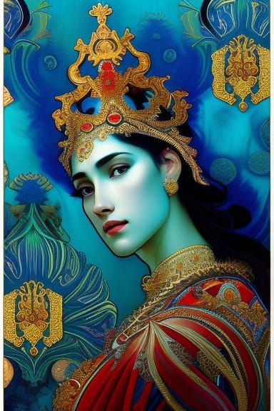 Ornate Coral Reef King Portrait in Art Nouveau Style