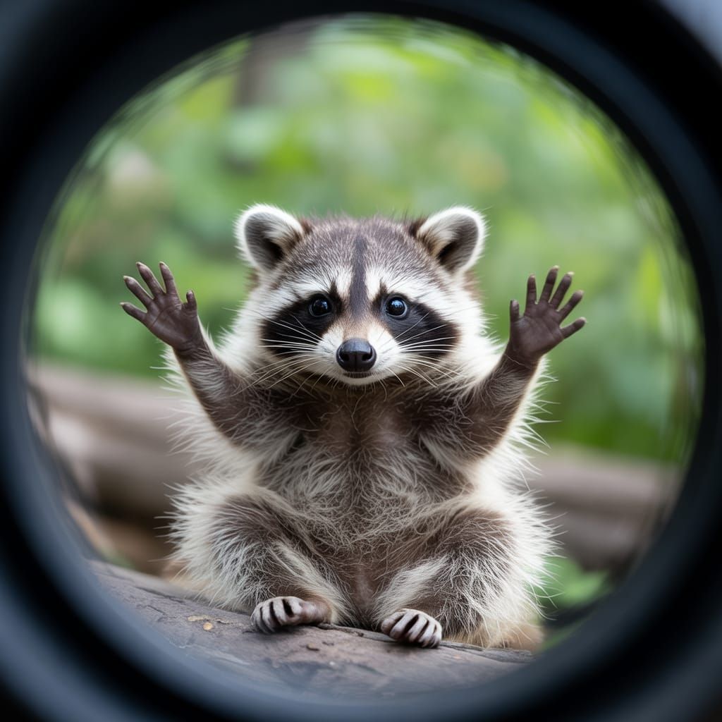 Cute Baby Raccoon Through Camera Lens