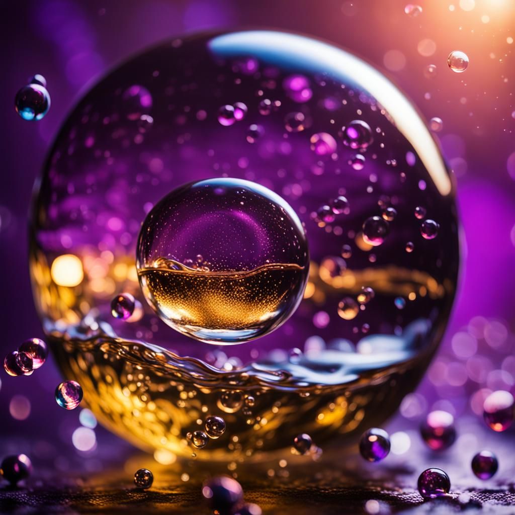 Glass Ball with Smoke and Bubbles in Purple and Gold