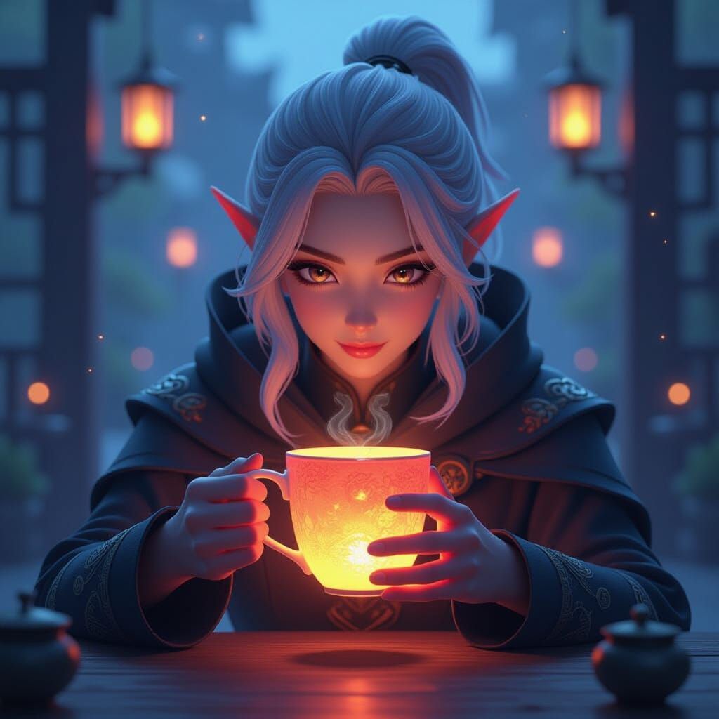 Mage Magically Warms Tea in 3D Anime Style