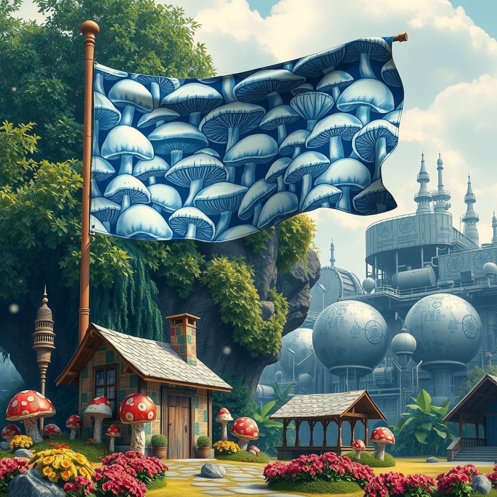 Whimsical Hyperreal Scene with Giant Mushroom Flag and Quain...