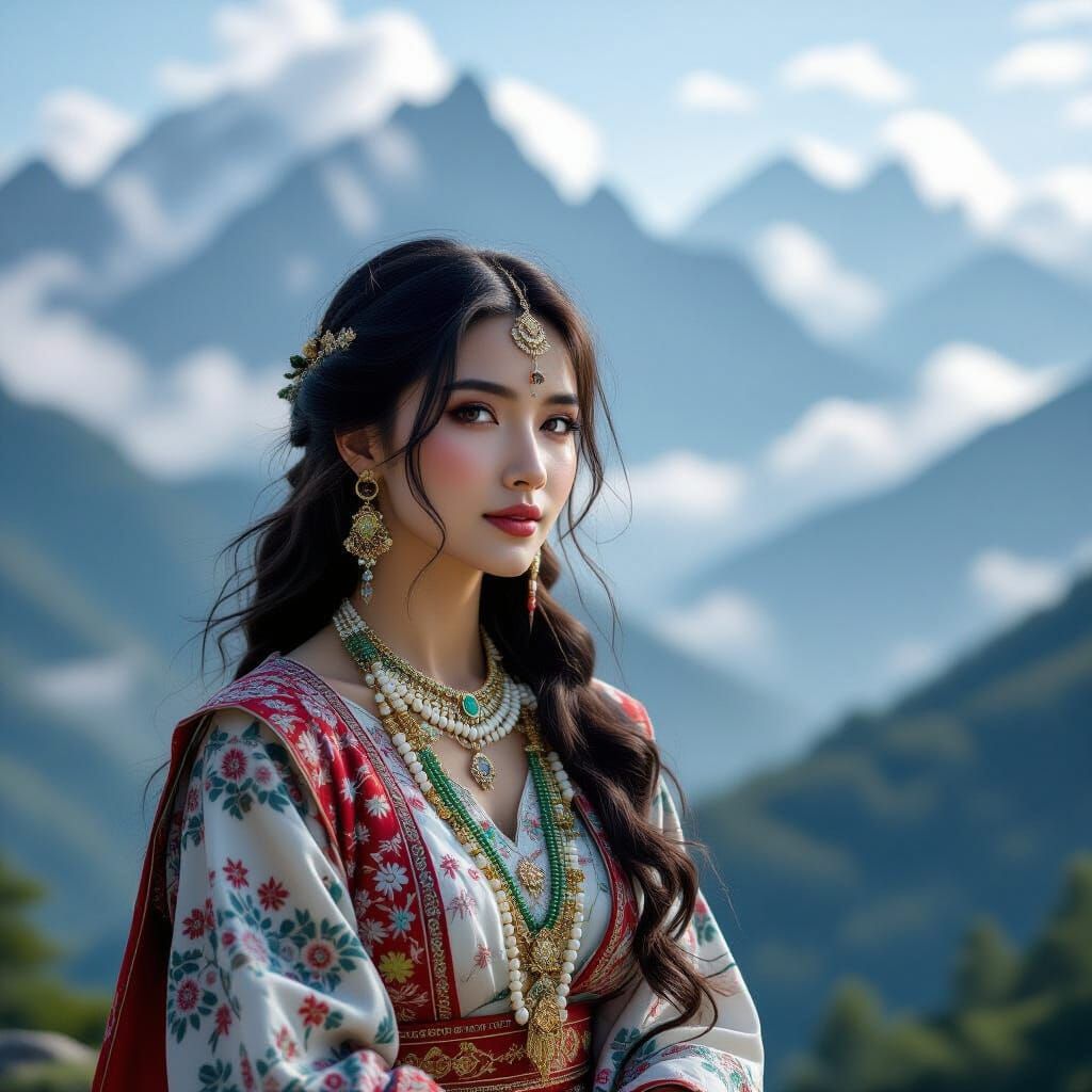 Serene Woman in Traditional Dress: Hyperrealistic Portrait