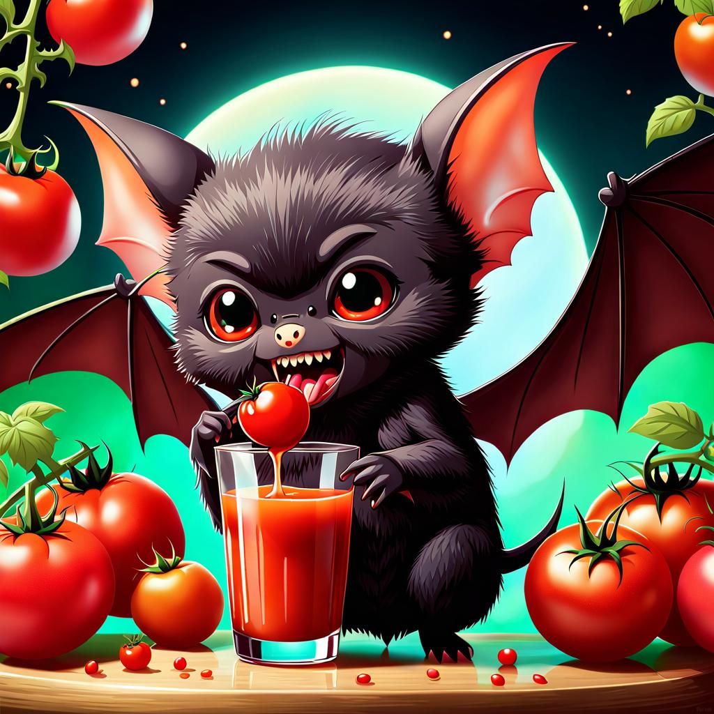 Chibi Vampire Bat with Tomato Juice in Pastel Style
