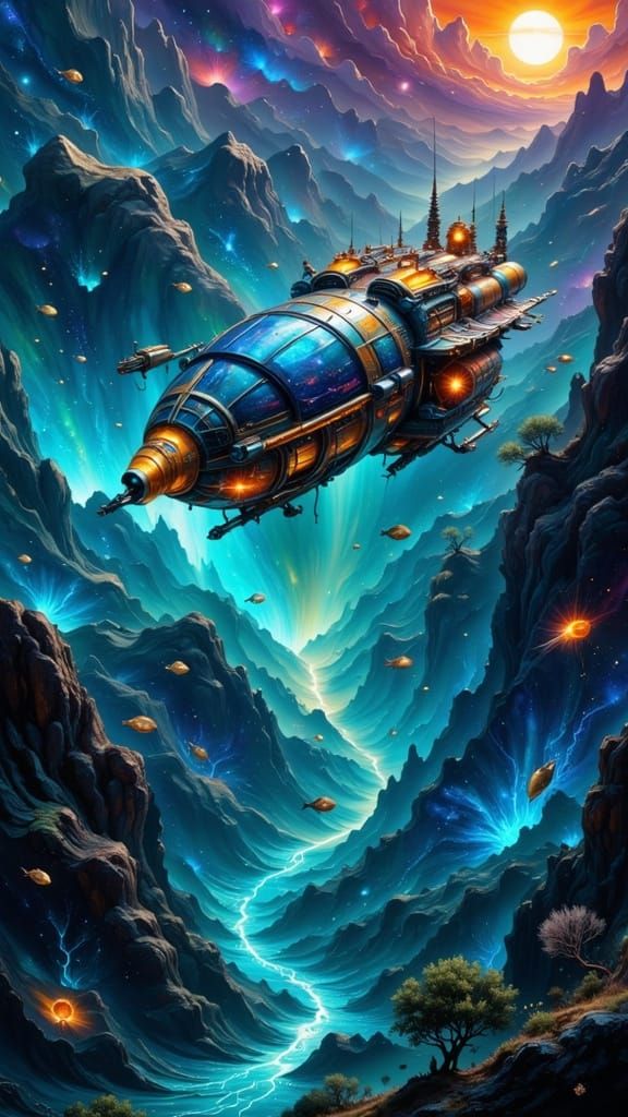 Futuristic Airship Over Neon Ocean in Cyberpunk Style