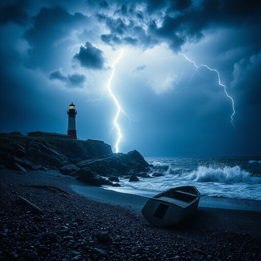 Nighttime Thunderstorm on Rocky Beach with Lighthouse