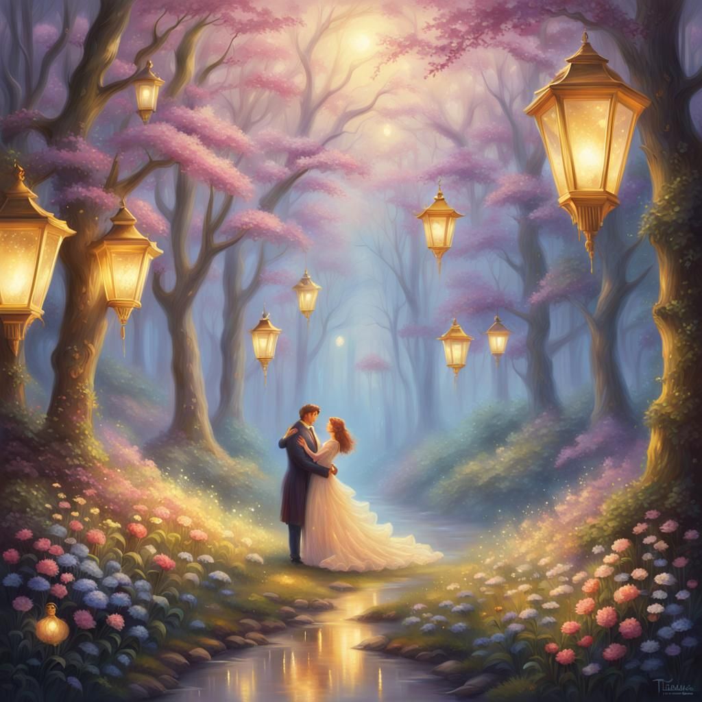 Romantic Embrace in Misty Forest, Kinkade Style