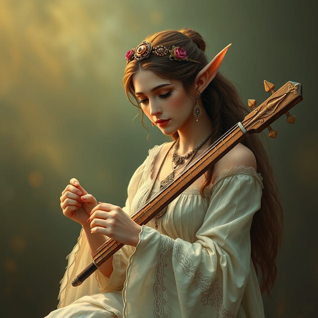 Elegant Elf Woman Plays Unique Stick Instrument
