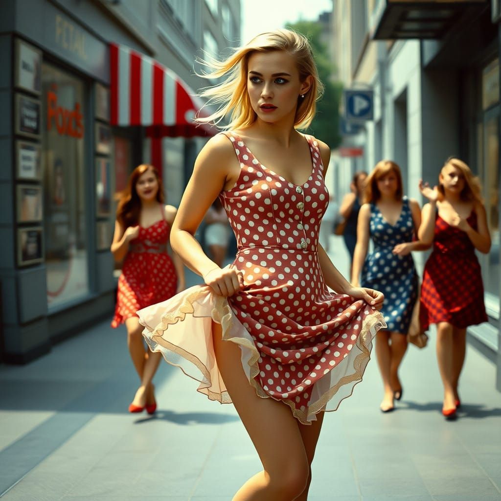Chiseled Gentleman Embarrassed in 1950s Polkadot Minidress