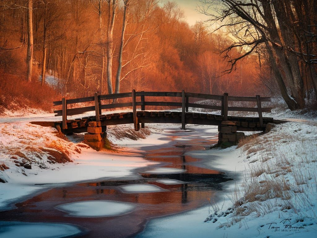 Winter Creek: Bridge in Golden Hour Light