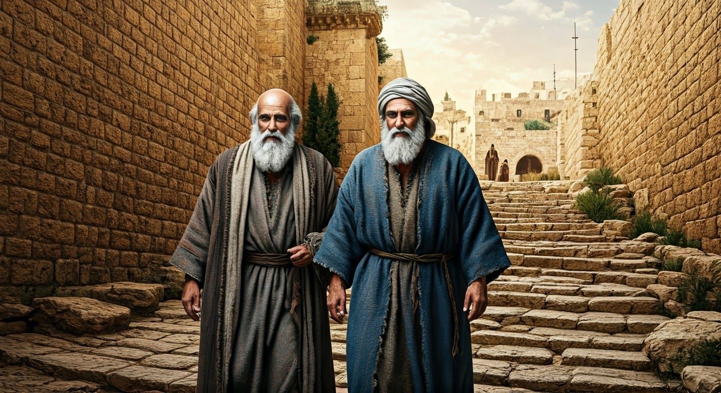 A realistic image of the prophets Elijah and Elisha walking ...