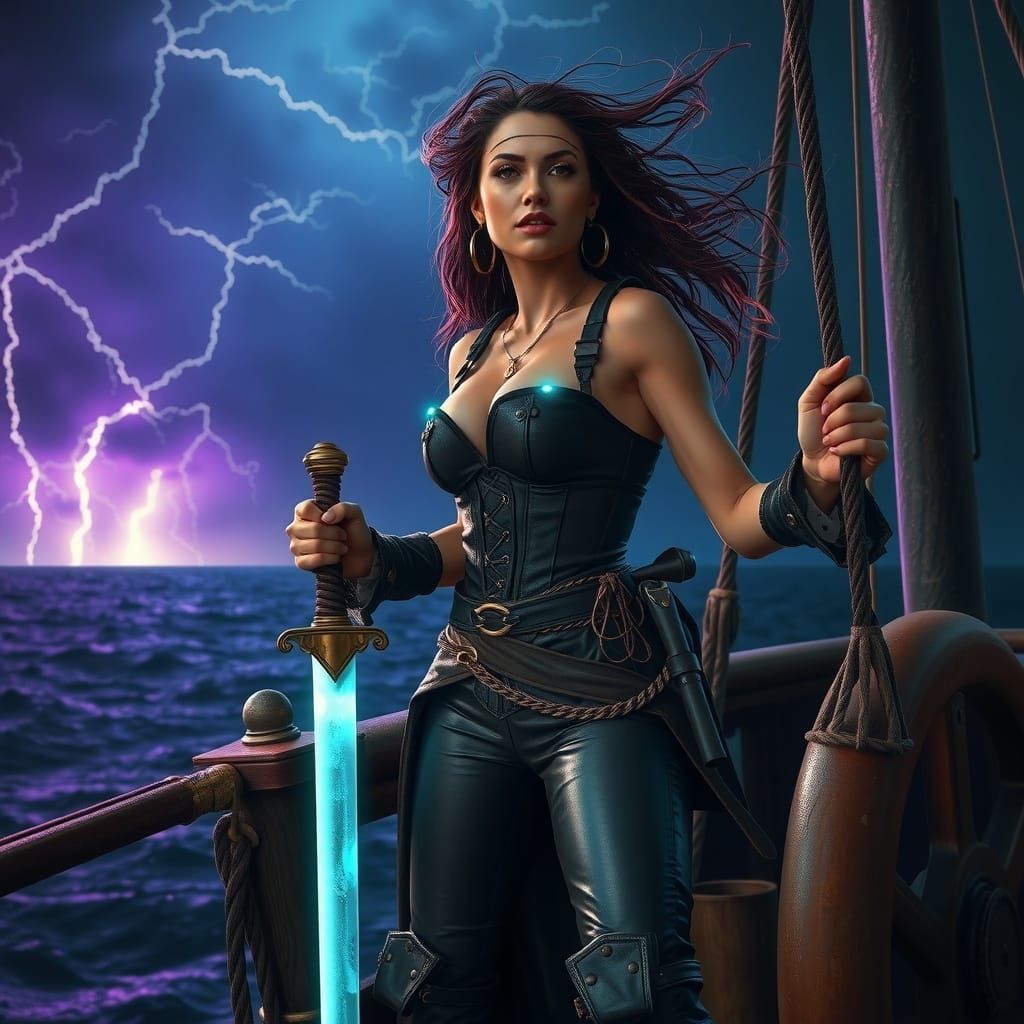 Pirate Queen in Neon Storm: Cinematic 4K Scene