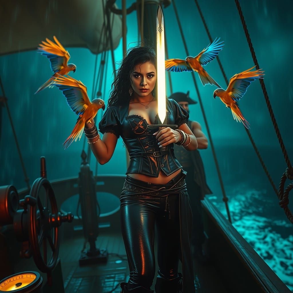 Pirate Ship in Neon Storm, Cinematic 4K Detail