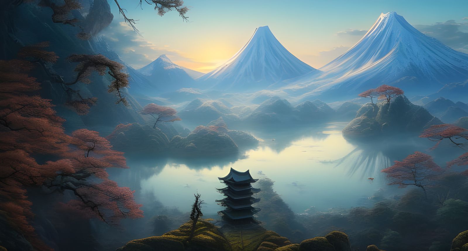 Magical Japanese Mountain Sunset in Digital Art