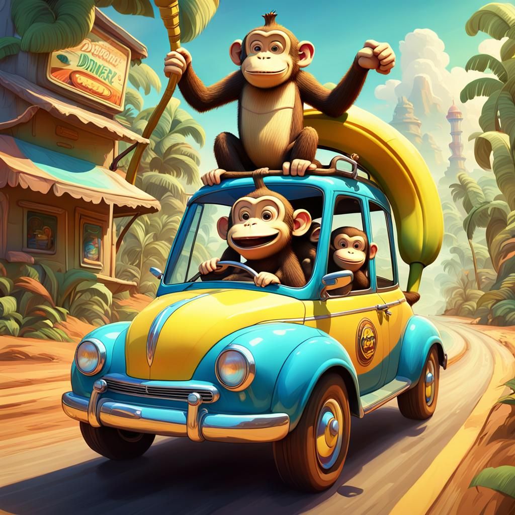 Monkey Driving Banana Car in 3D Digital Art