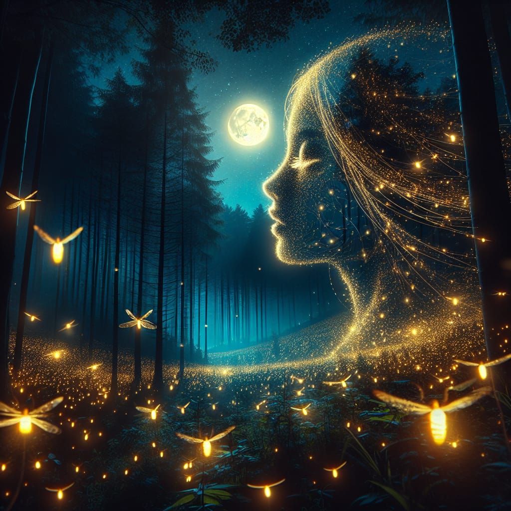 Fireflies Form a Girl's Face in Enchanted Forest