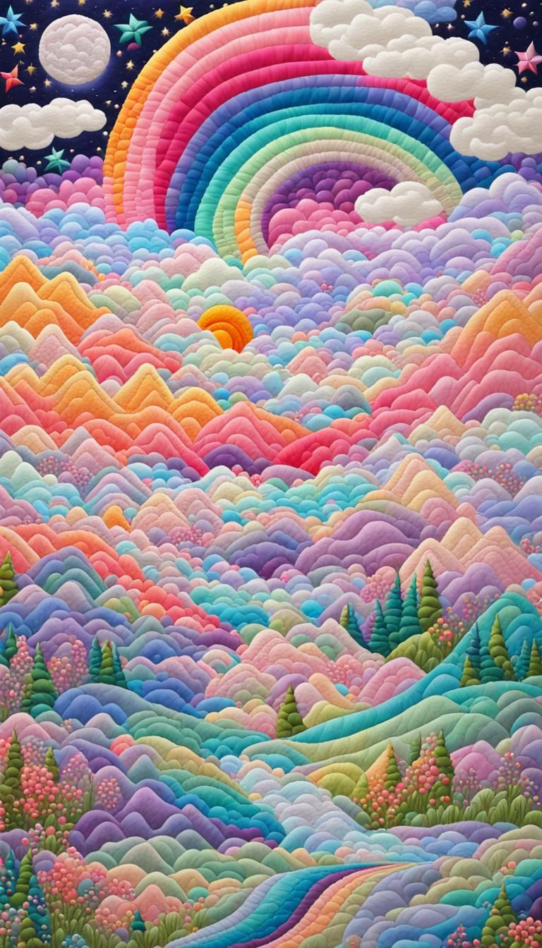 Lisa Frank Style Quilt of Mountainscape at Night