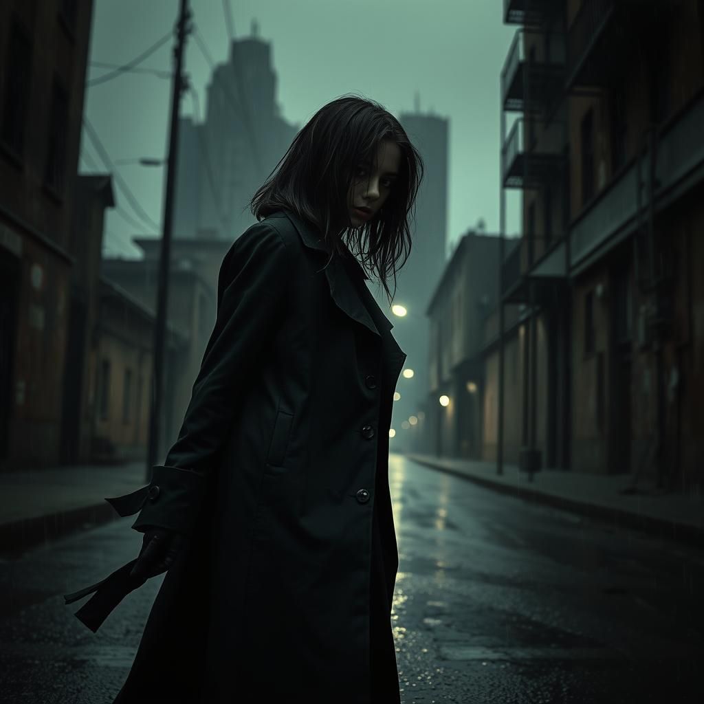 Melancholic Girl Walking in Rainy Gothic Cityscape