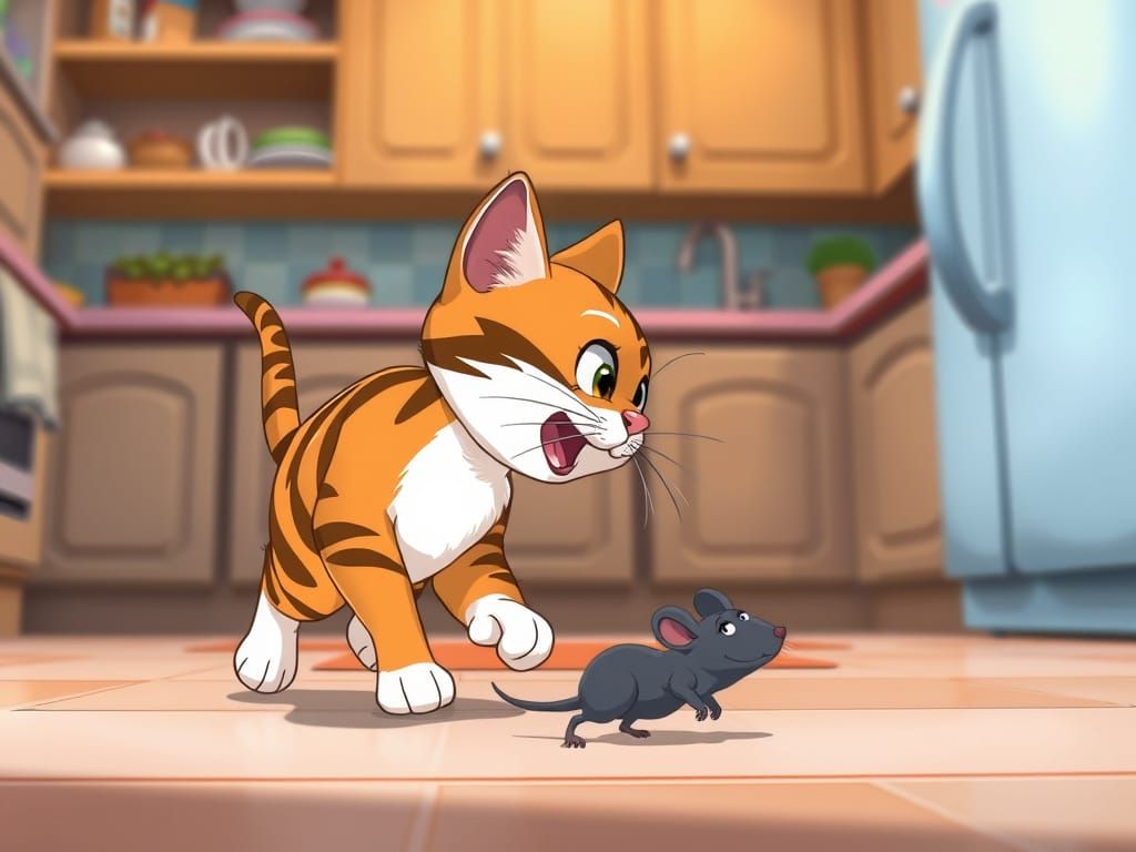Cartoon Cat Chases Mouse in Detailed Kitchen