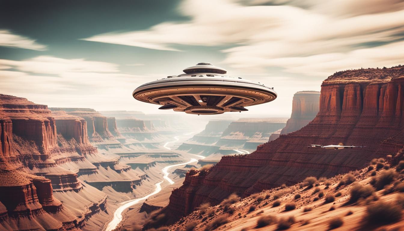 Vintage UFO Battle Over Canyon Landscape