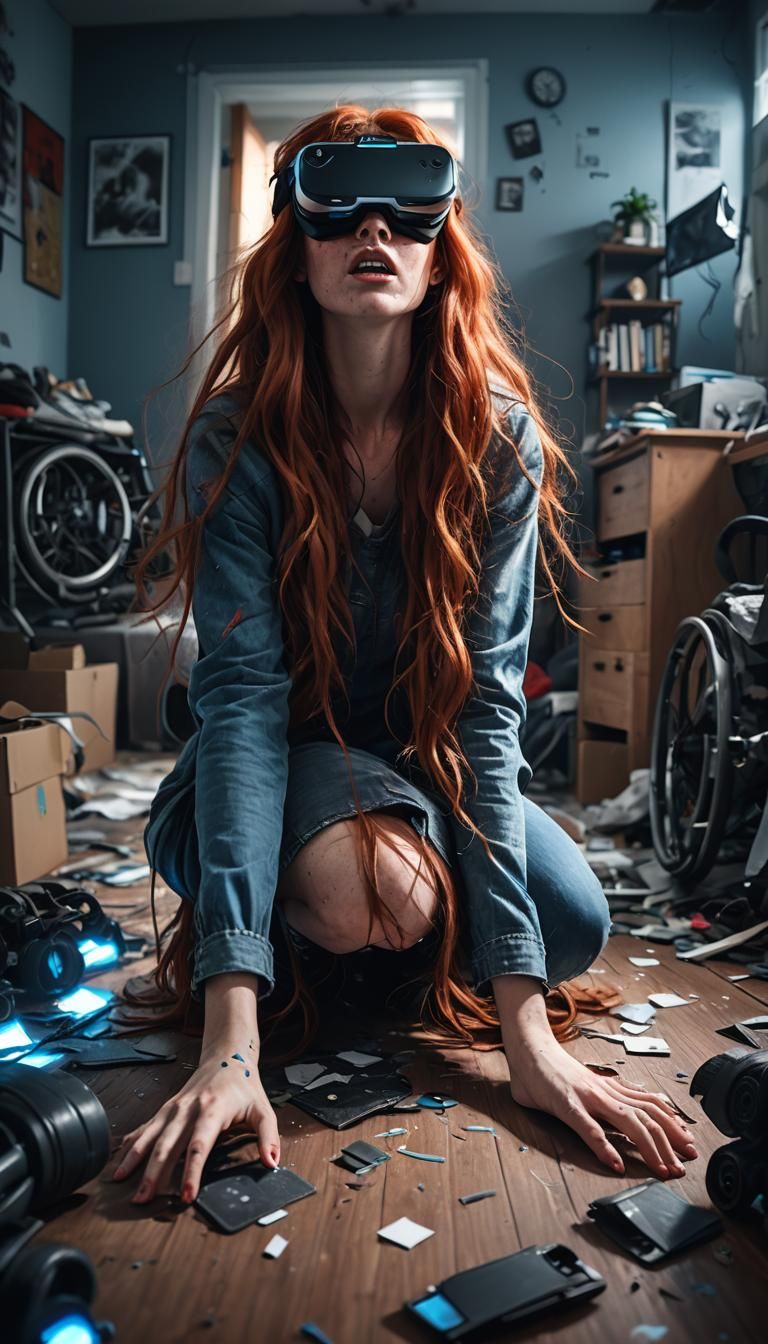 Terrified Girl in VR Headset: Hyper-Realistic Digital Art
