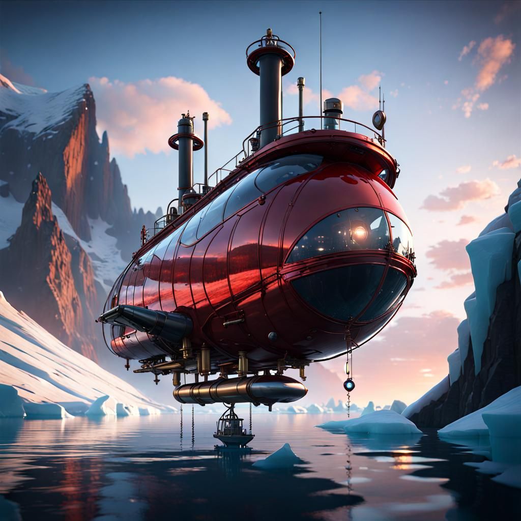 Steampunk Submarine Flight Among Glaciers