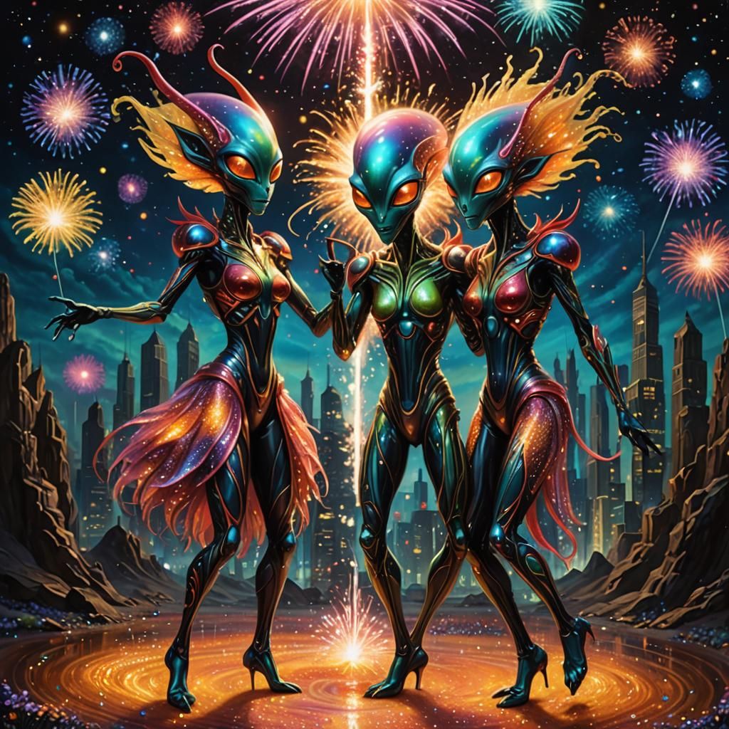 Glittering Alien Creatures Dance in Surreal Fireworks Displa...