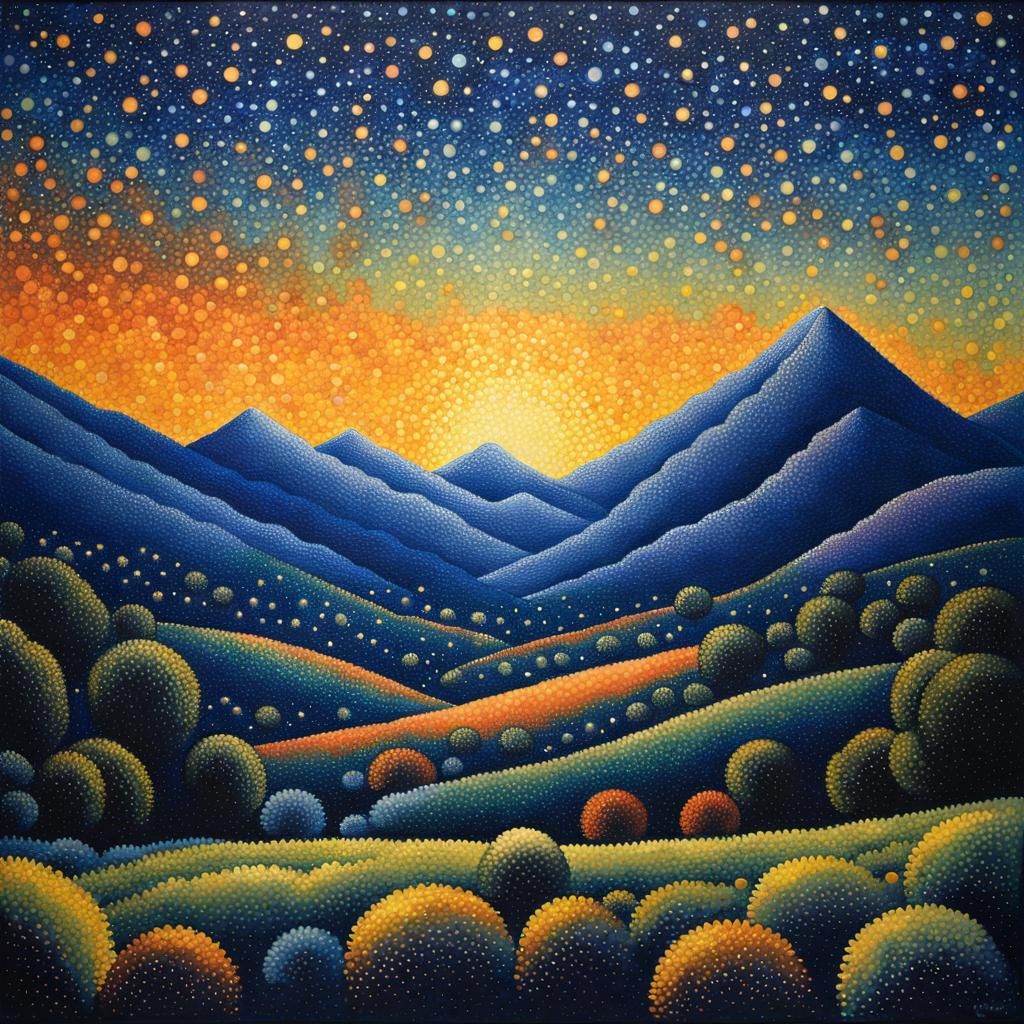 Pointillist Meteor Shower Over Starry Sky