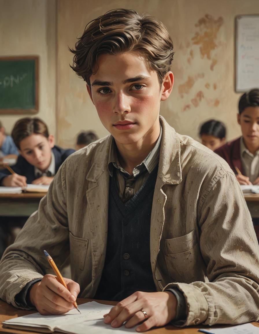 Boy at School Desk in Oil Painting Style