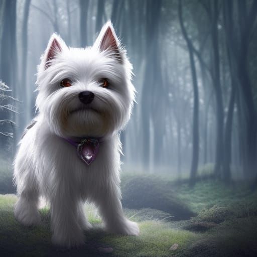 Cute Westie in Shadowy Enchanted Forest