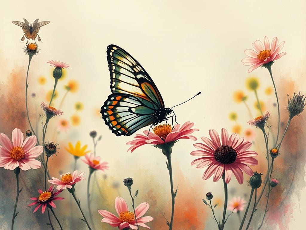 Whimsical Pastel Butterfly Amidst Wildflowers