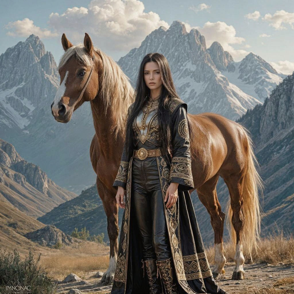 Lithuanian Woman with Golden Horse in Epic Landscape