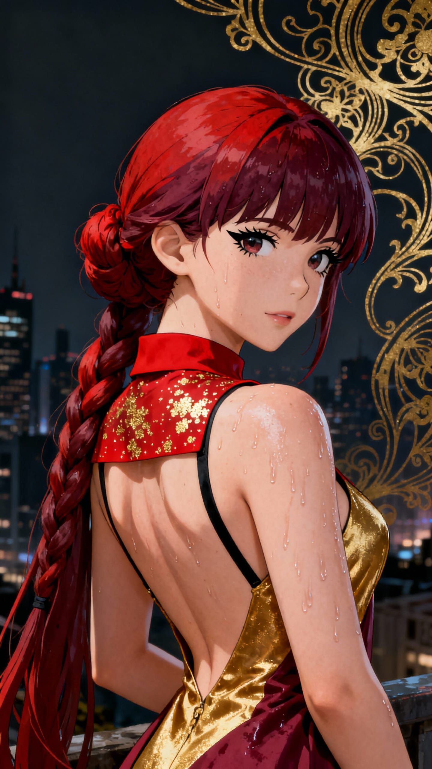 Anime woman with long red & maroon hair tied in a loose braided bun, with bangs.💄