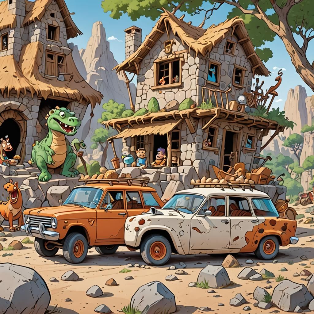 Flintstones-Style Souped-Up Car and Dinosaur House