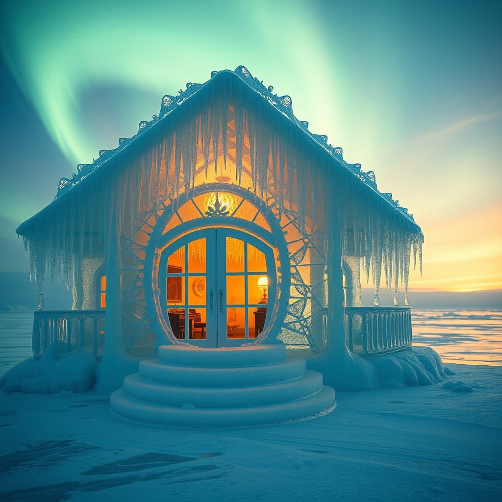 Crystal Ice House Amidst Vibrant Aurora, Flickering Light Wi...