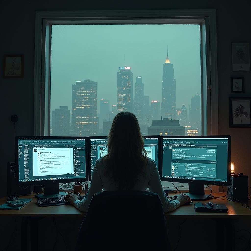 Dystopian Future: Woman at Computer in Gritty Cityscape