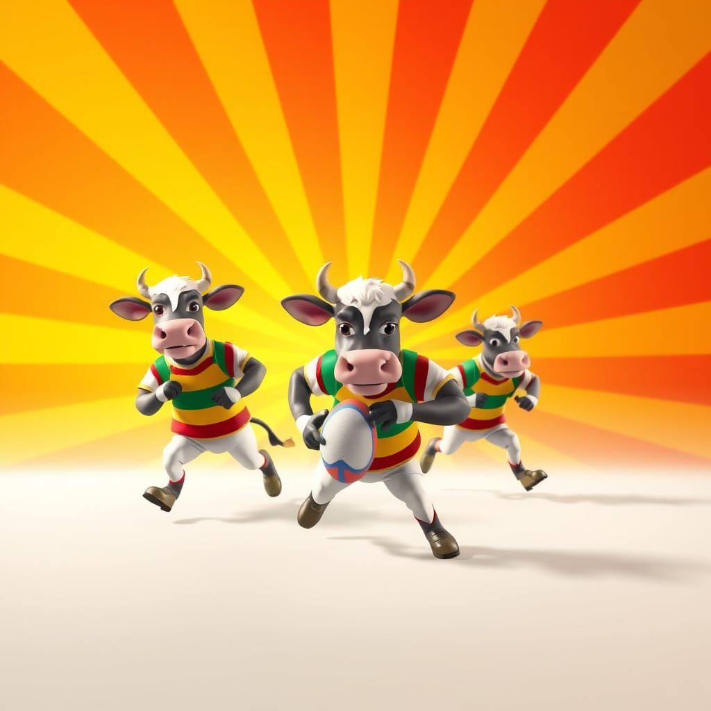 Cartoon Cows Play Rugby in 3D Style
