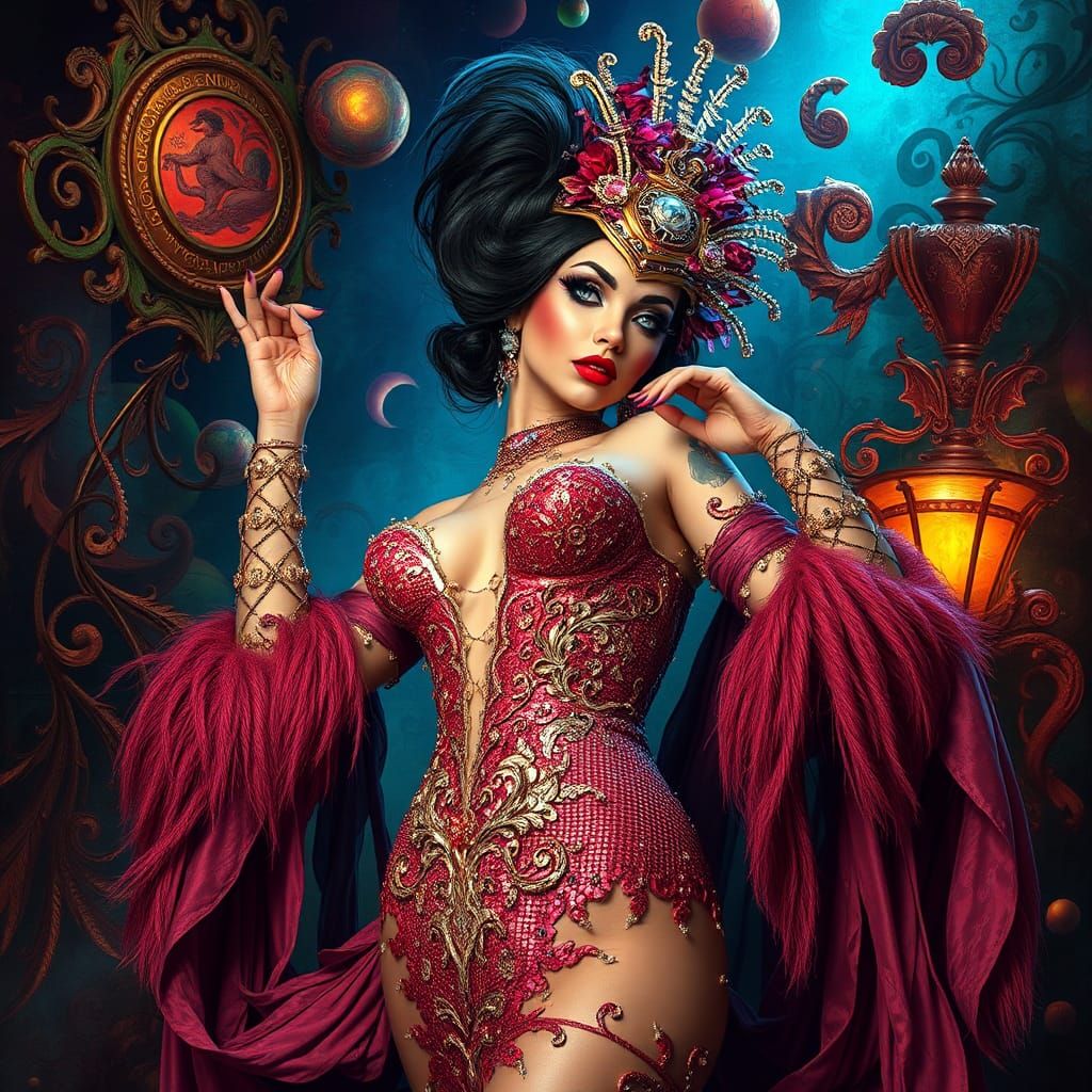 Fantastical Burlesque Performer in Surreal Setting