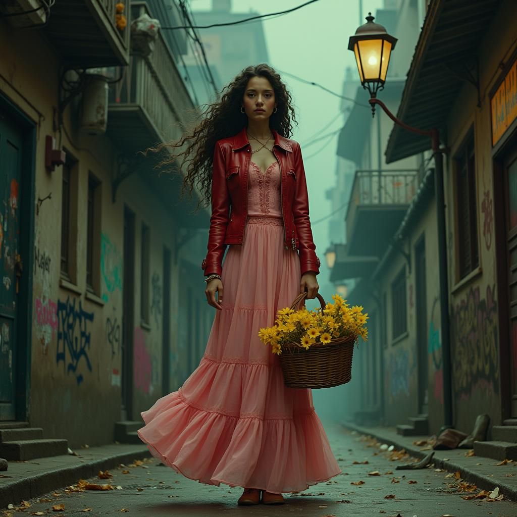 Woman with Flowers in Urban Landscape