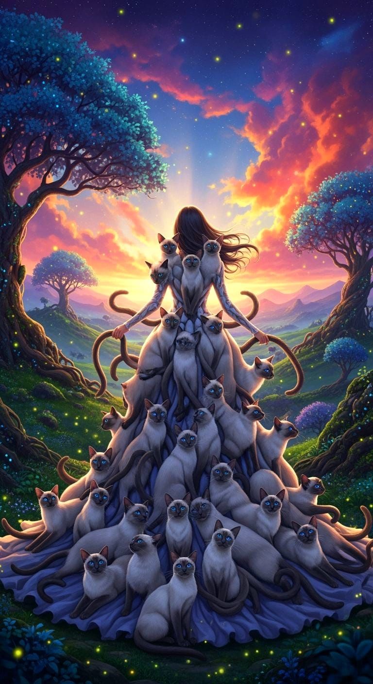 Siamese Cat Dress in Glowing Landscape