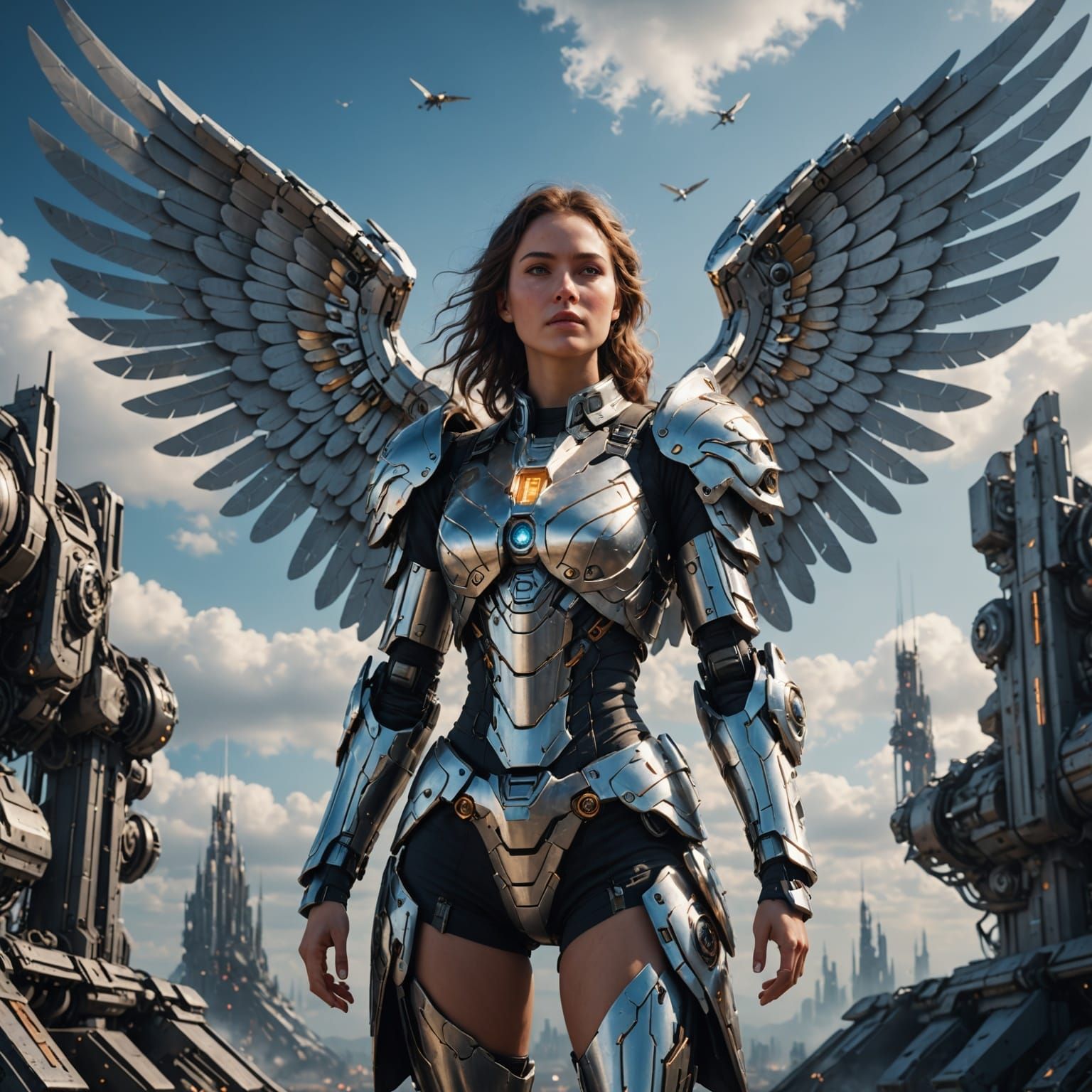 Angel with Metallic Wings in Futuristic Landscape