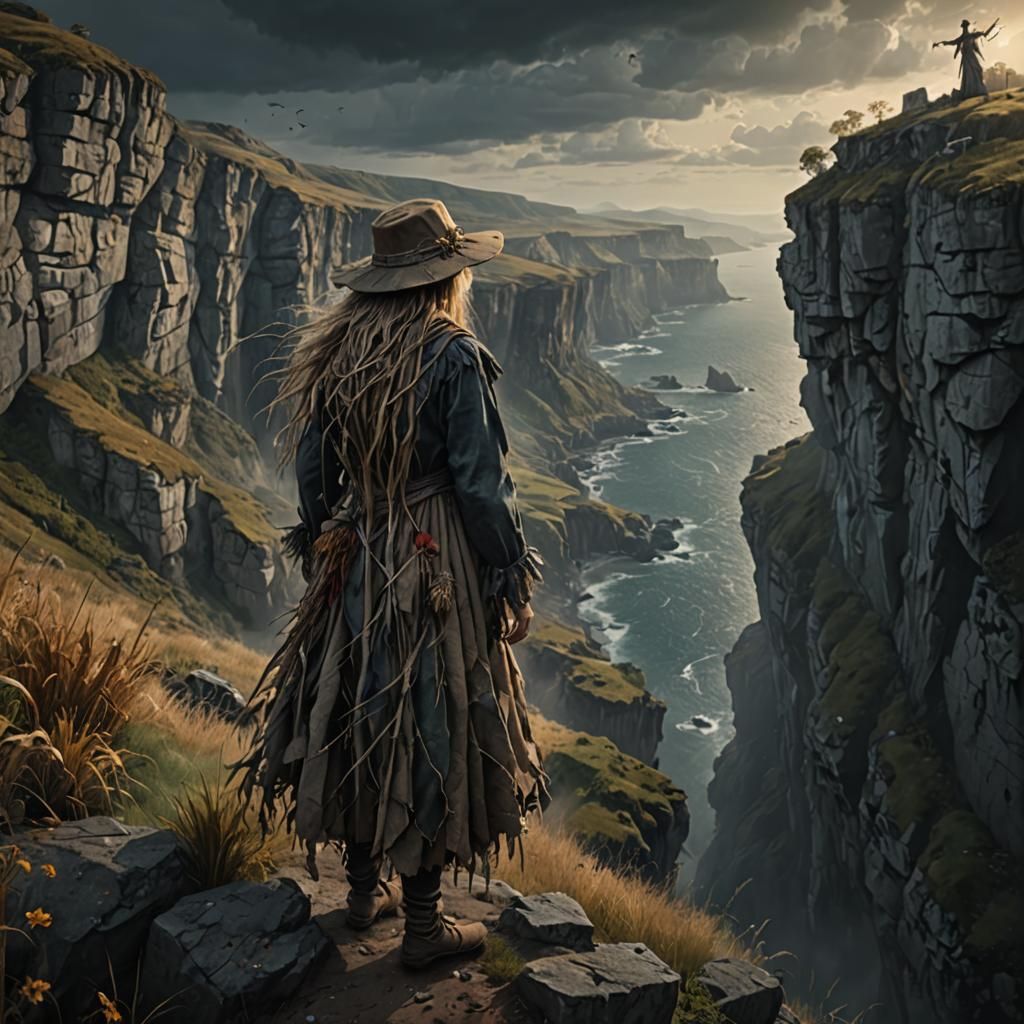 Sad Scarecrow Girl on Cliff Edge: Digital Matte Painting