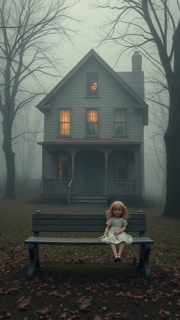 Creepy House in Fog with Lonely Doll