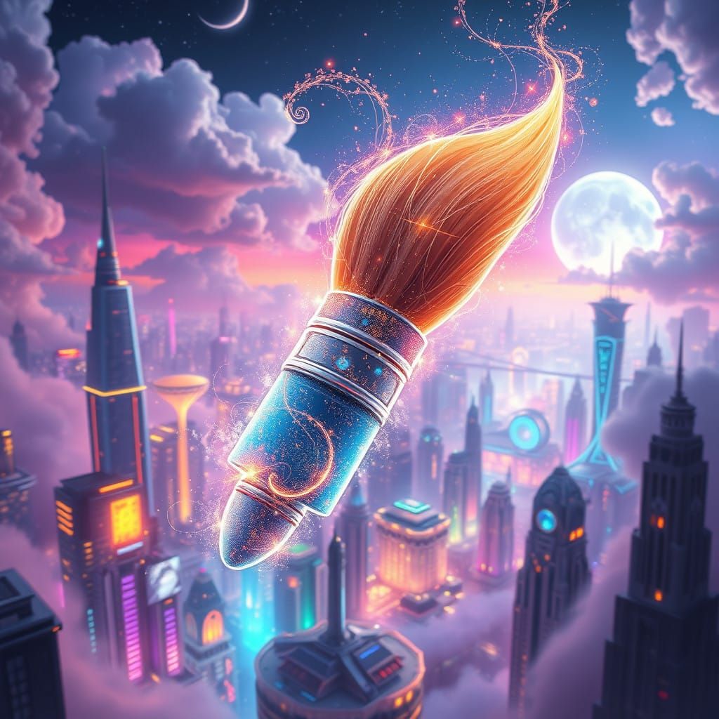 Ethereal Paintbrush Radiates Vibrant Magic in a Dreamlike Ci...