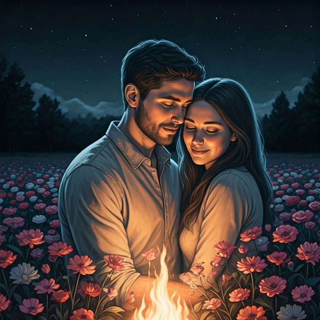 Couple Embracing by Fire in Flower Field, Charcoal Drawing