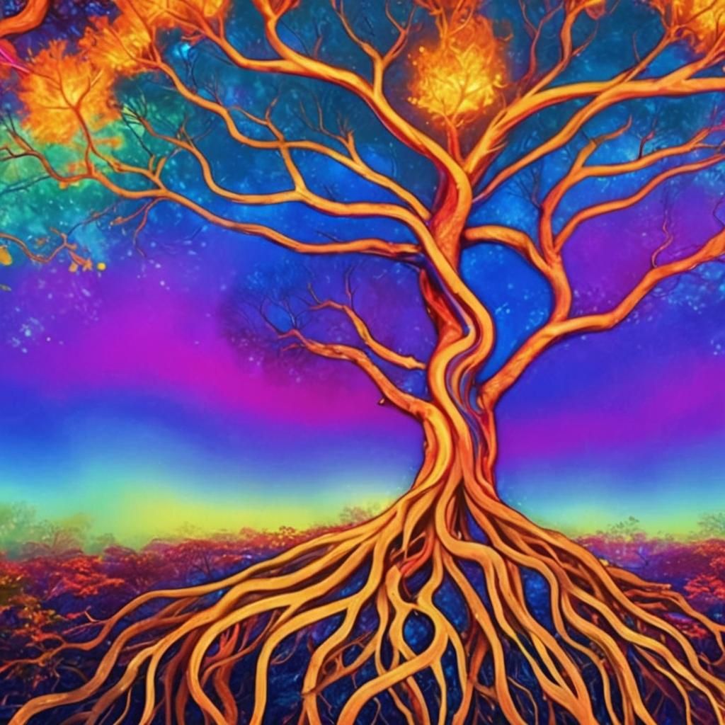 Psychedelic Flame Tree in Dreamlike Forest