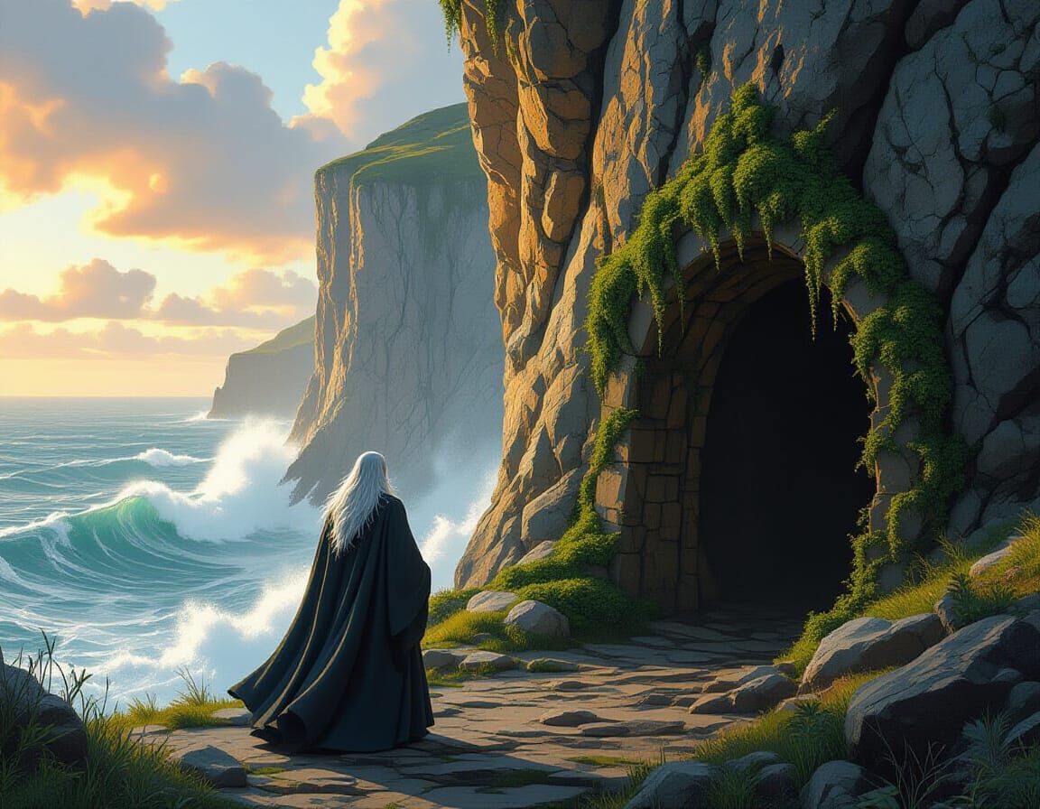 Wizard on Cliff Above Raging Ocean: Matte Painting